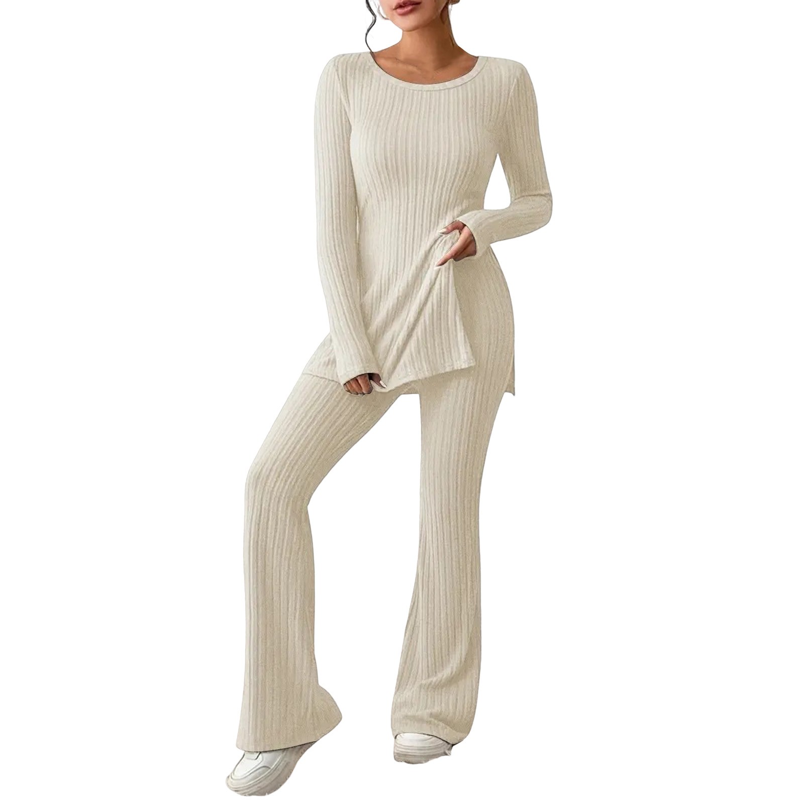 thumbnail image 5 of Chándal de punto de dos piezas para mujer: camiseta de cuello redondo y pantalones anchos, poliéster y spandex, bajo con abertura, conjunto informal a juego, 5 of 5